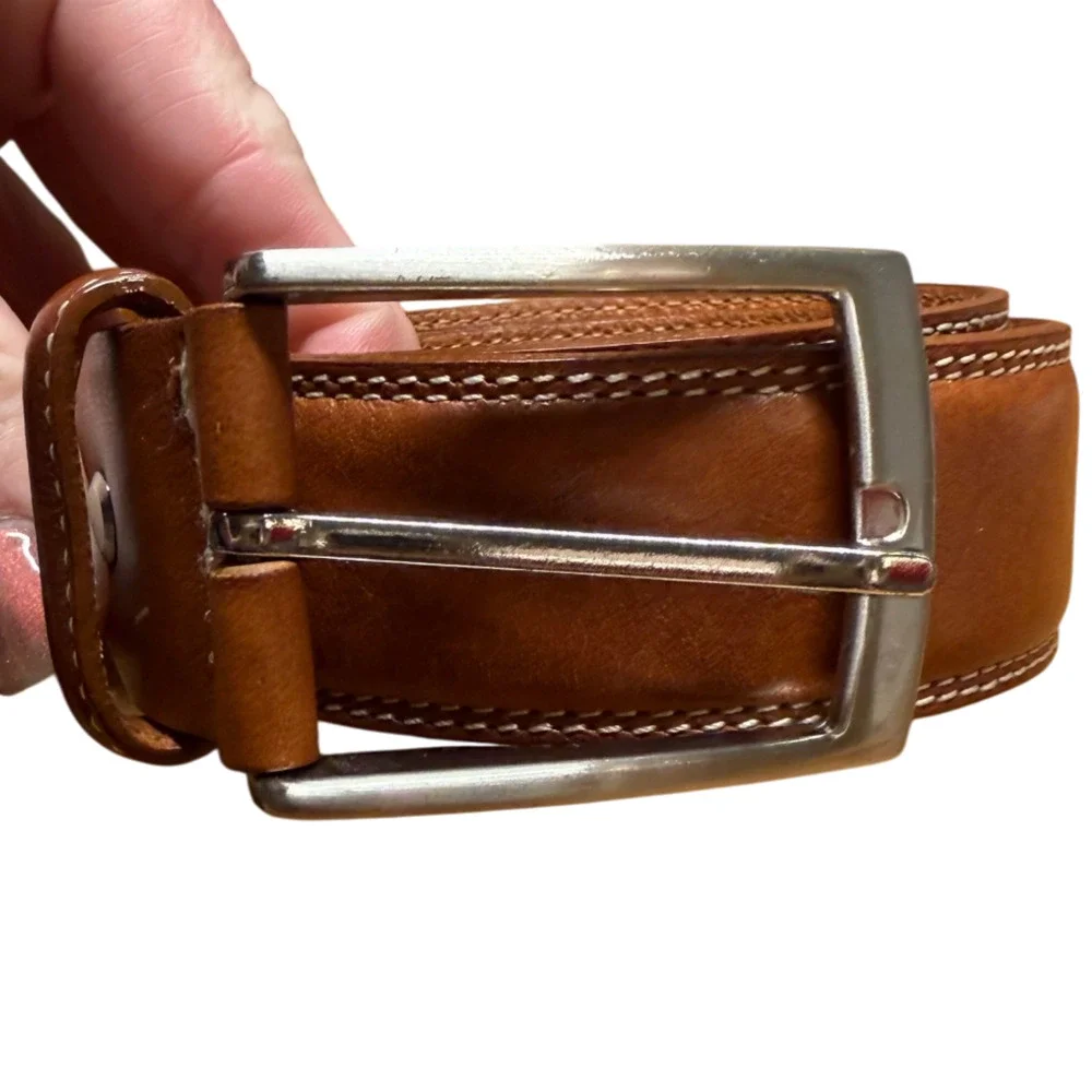 BRONZINO Brown Leather Belt Men's 34/85 Silver Buckle White Stitching Italy
